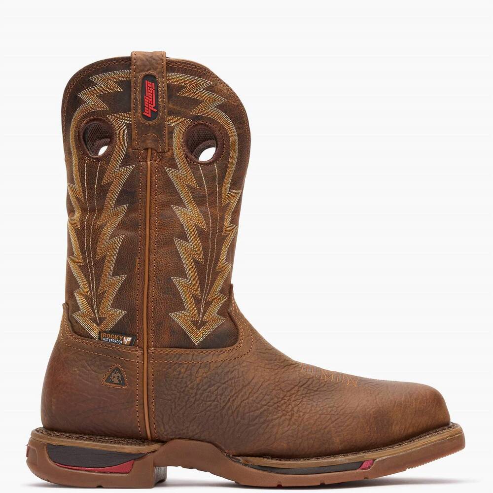 NEW ROCKY men's long range composite toe waterproof western boot in brown